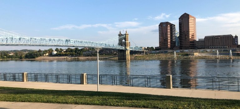 Is Cincinnati A Good Place To Live? 1 View of the John A. Roebling Suspension Bridge crossing the Ohio River with Cincinnati’s skyline in the distance